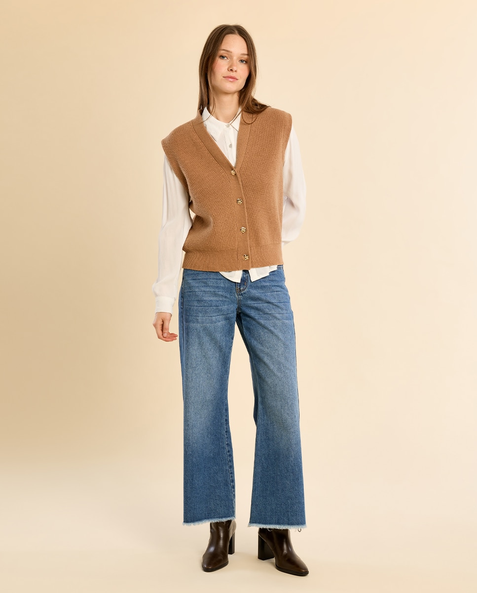 Chaleco de mujer de punto cierre botones - Molly Bracken - Camel Camel-1