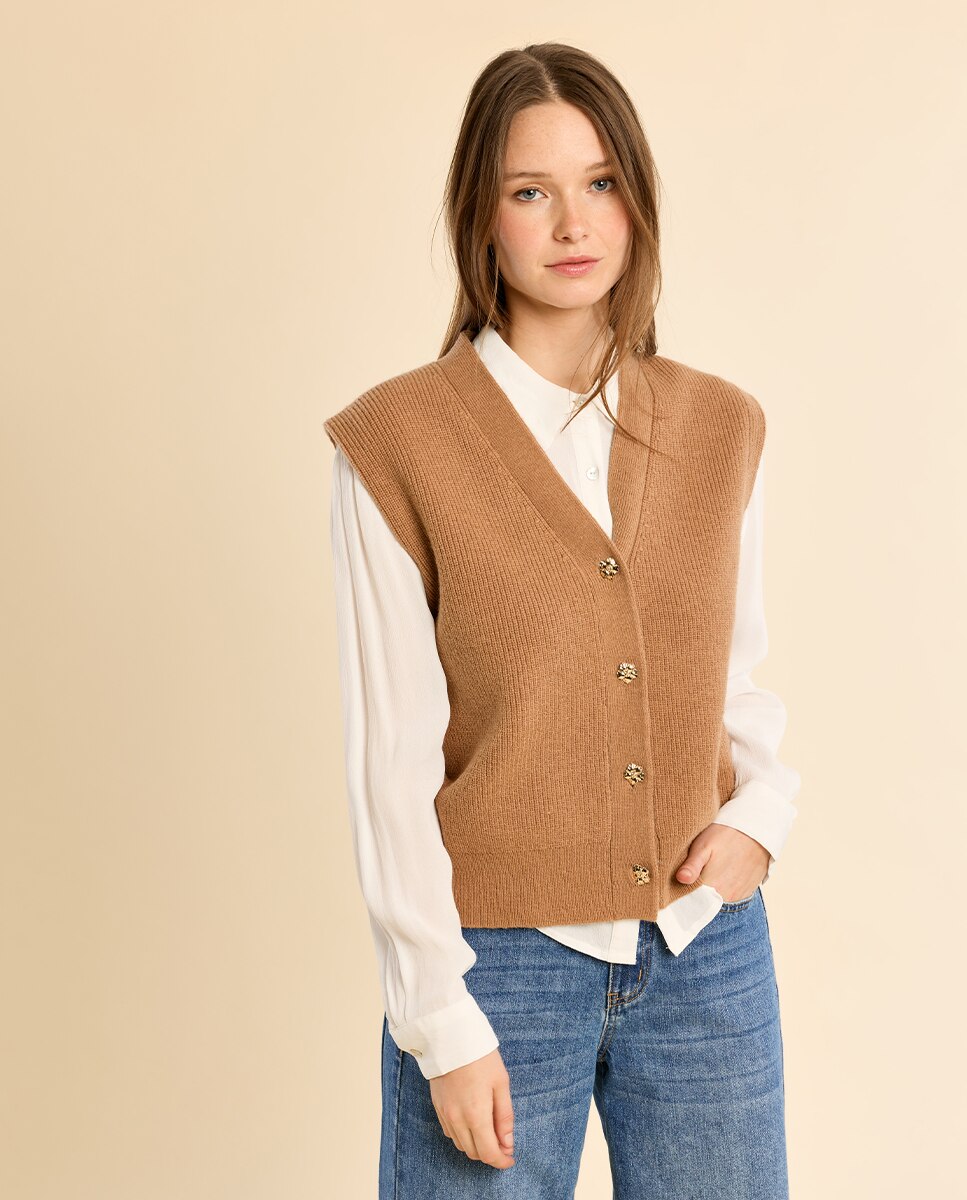 Chaleco de mujer de punto cierre botones - Molly Bracken - Camel Camel-3