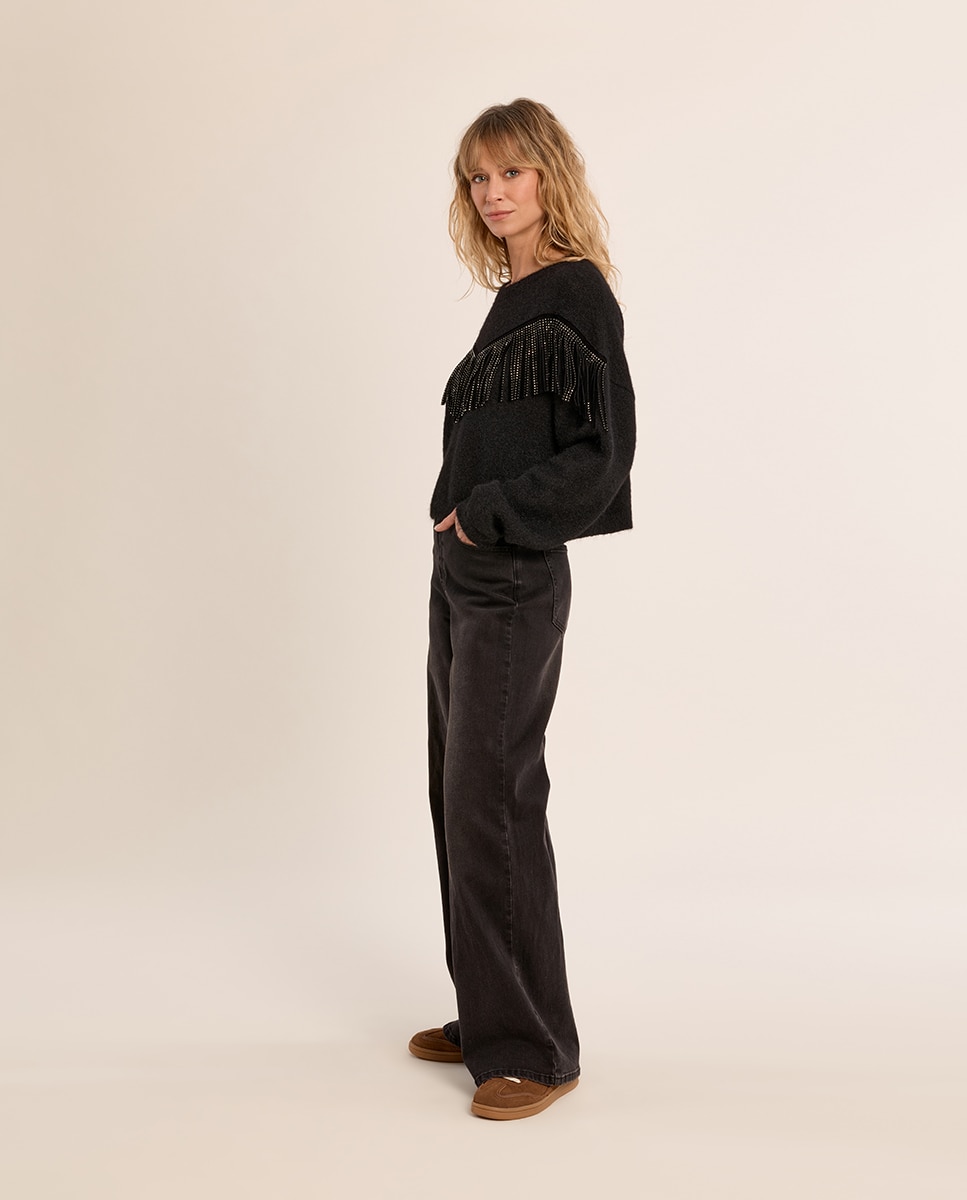 Jersey de mujer de manga larga detalle flecos - Molly Bracken - Negro Negro-1