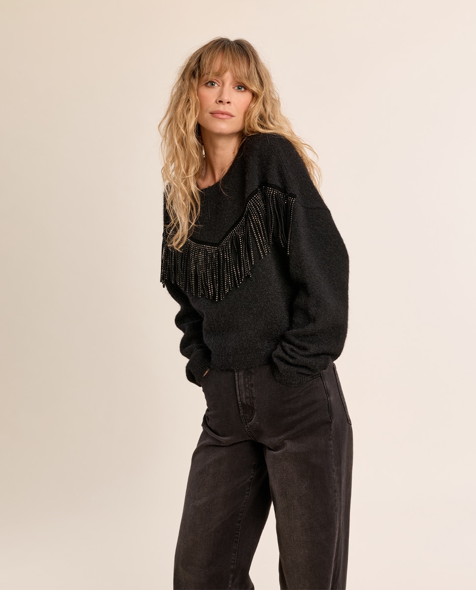 Jersey de mujer de manga larga detalle flecos - Molly Bracken - Negro Negro-3