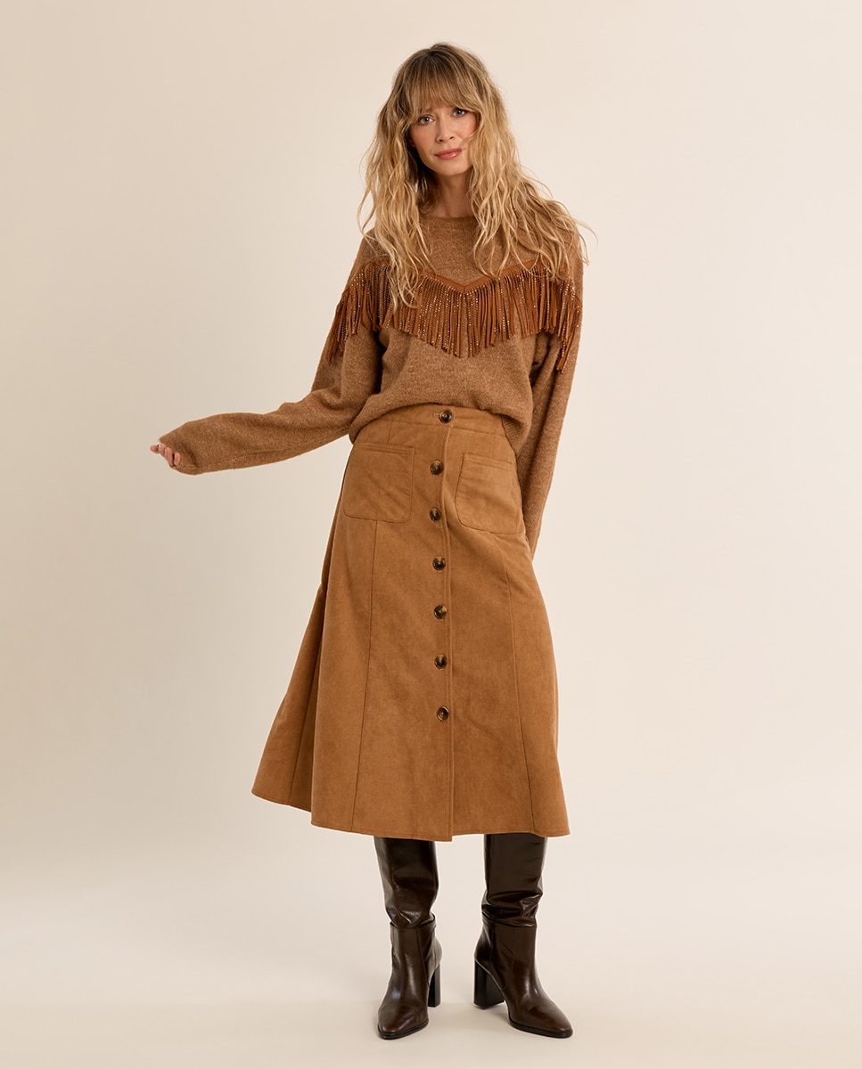 Jersey de mujer de manga larga detalle flecos - Molly Bracken - Camel Camel-1