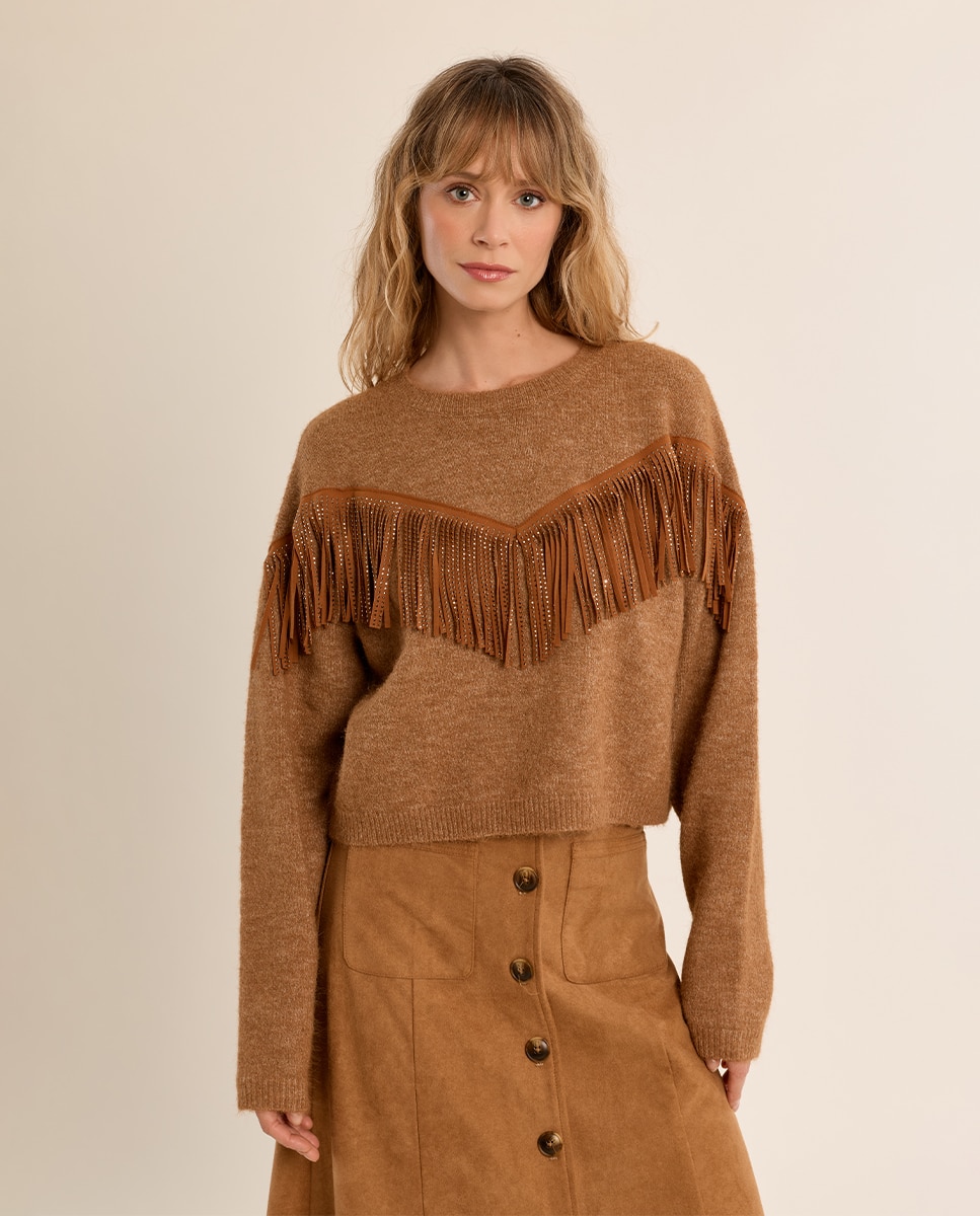 Jersey de mujer de manga larga detalle flecos - Molly Bracken - Camel Camel-2