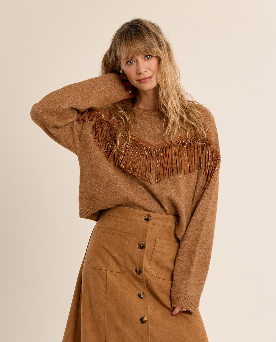 Jersey de mujer de manga larga detalle flecos - Molly Bracken - Camel Camel-3