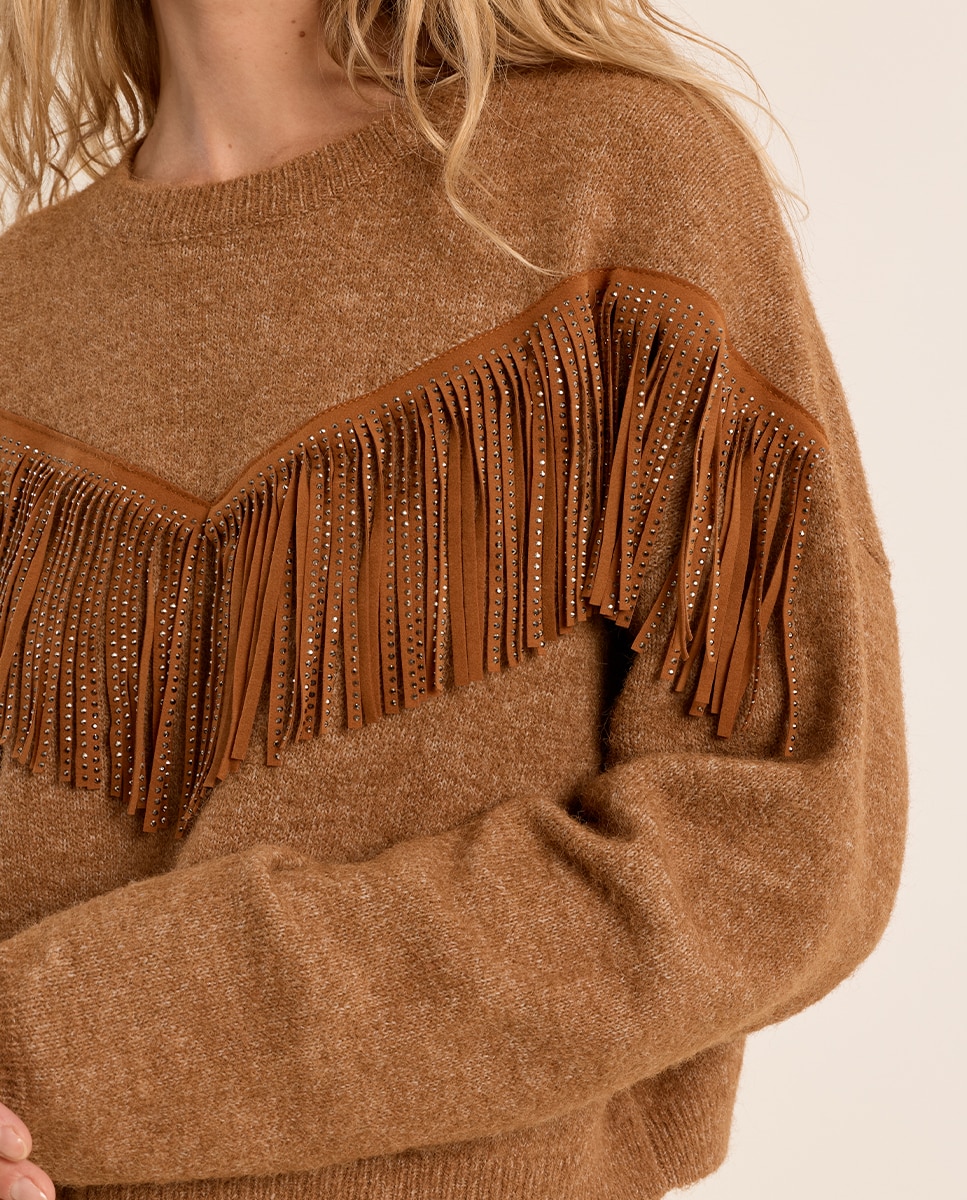 Jersey de mujer de manga larga detalle flecos - Molly Bracken - Camel Camel-5