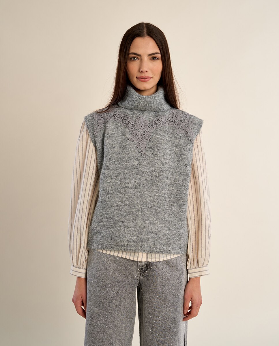 Jersey de mujer de manga sisa detalle bordado - Molly Bracken - Gris Gris-2