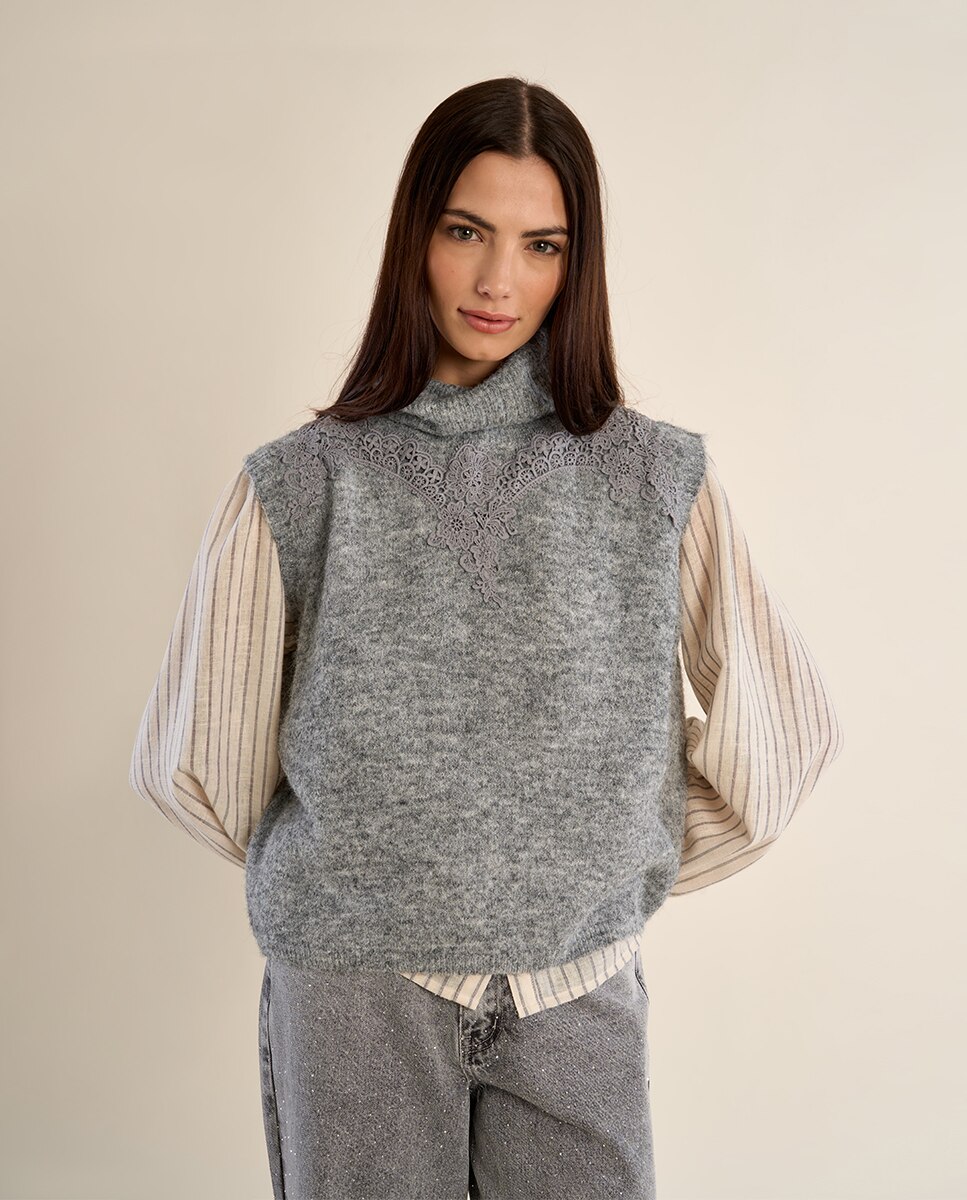 Jersey de mujer de manga sisa detalle bordado - Molly Bracken - Gris Gris-3