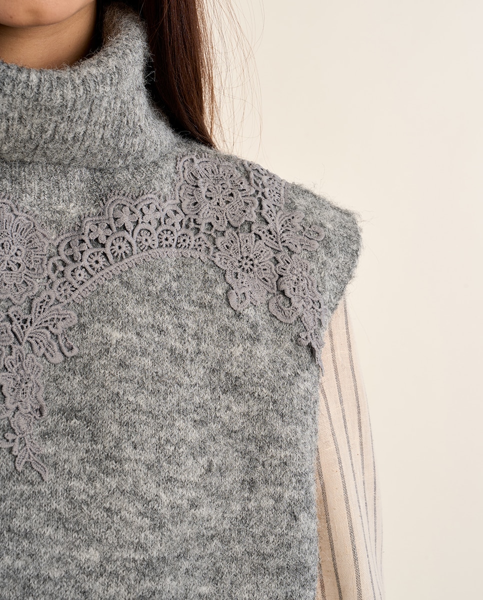 Jersey de mujer de manga sisa detalle bordado - Molly Bracken - Gris Gris-5