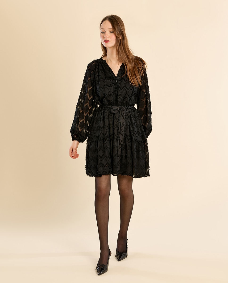 Vestido camisero con lazada y rombos - Molly Bracken - Negro Negro-1
