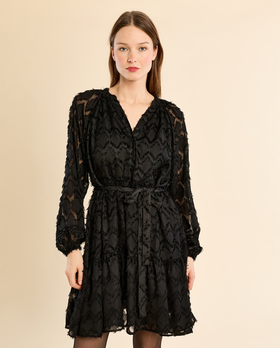 Vestido camisero con lazada y rombos - Molly Bracken - Negro Negro-2