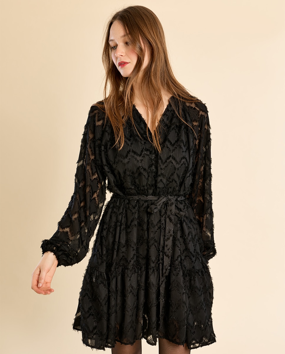 Vestido camisero con lazada y rombos - Molly Bracken - Negro Negro-3