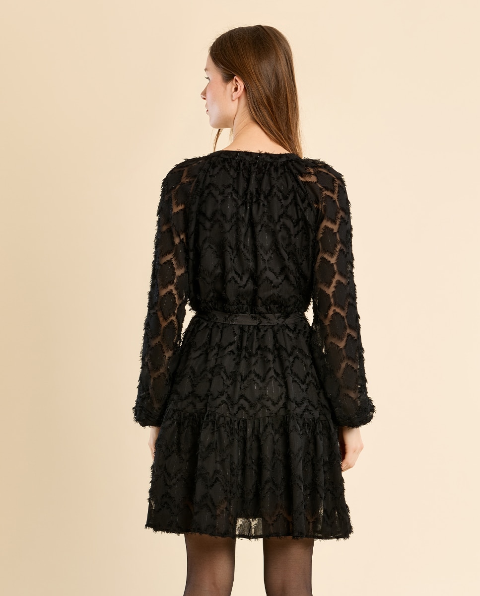 Vestido camisero con lazada y rombos - Molly Bracken - Negro Negro-4