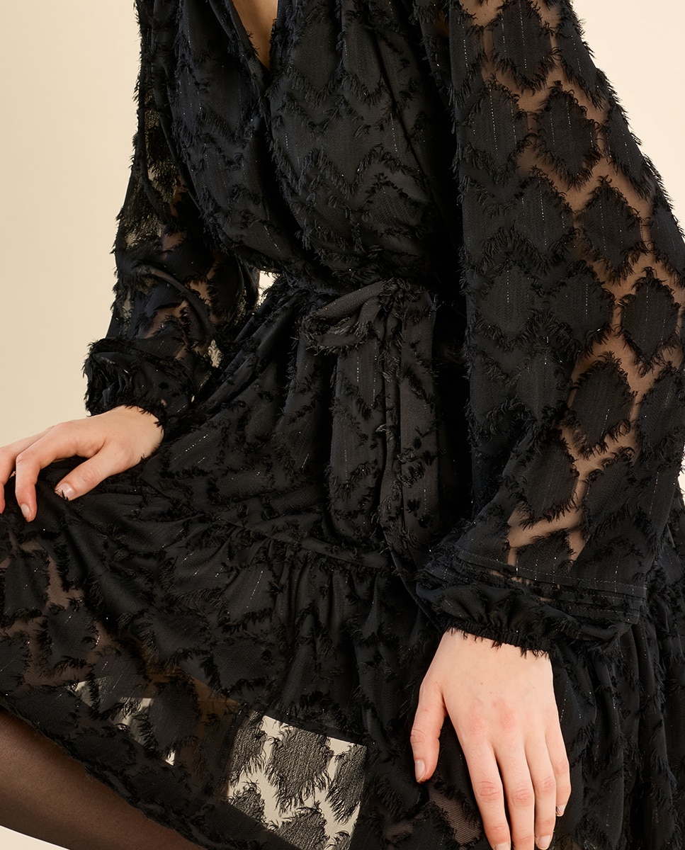 Vestido camisero con lazada y rombos - Molly Bracken - Negro Negro-5