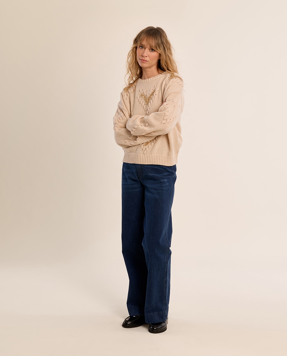 Jersey de mujer de manga larga detalle lentejuelas - Molly Bracken - Beige Beige-1