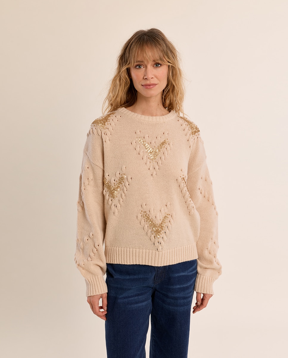 Jersey de mujer de manga larga detalle lentejuelas - Molly Bracken - Beige Beige-2