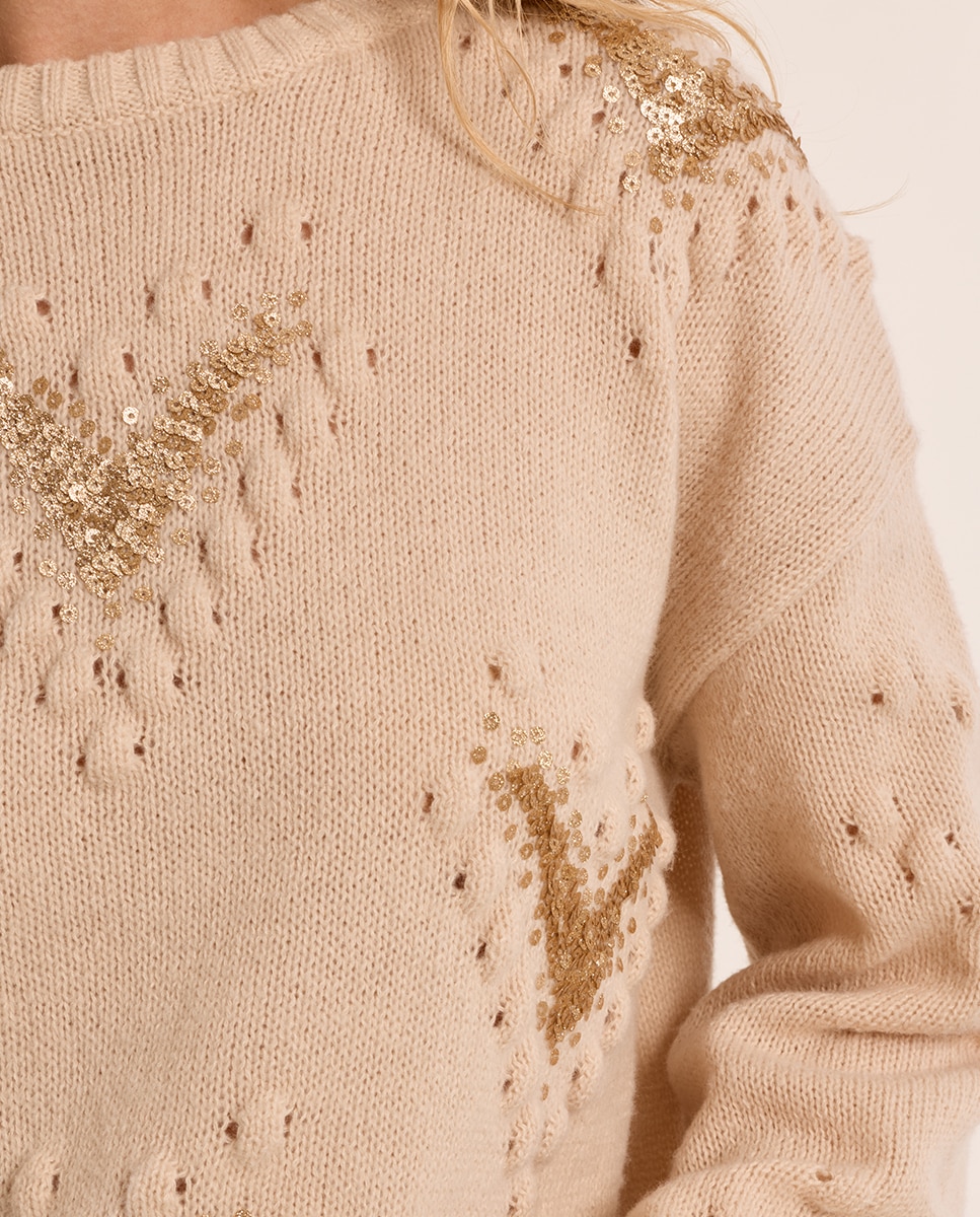 Jersey de mujer de manga larga detalle lentejuelas - Molly Bracken - Beige Beige-5