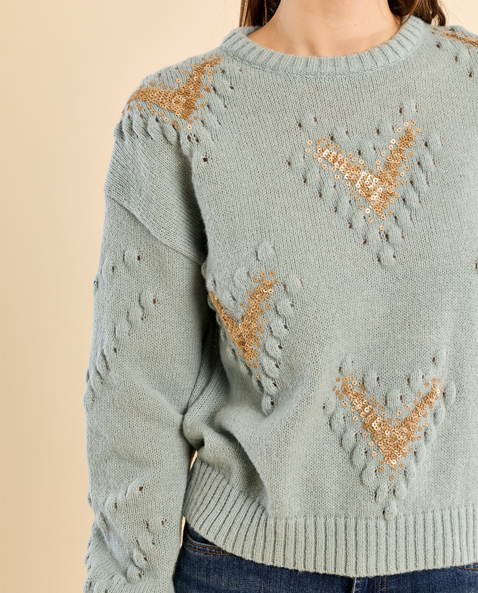 Jersey de mujer de manga larga detalle lentejuelas - Molly Bracken - Verde Agua Verde Agua-5