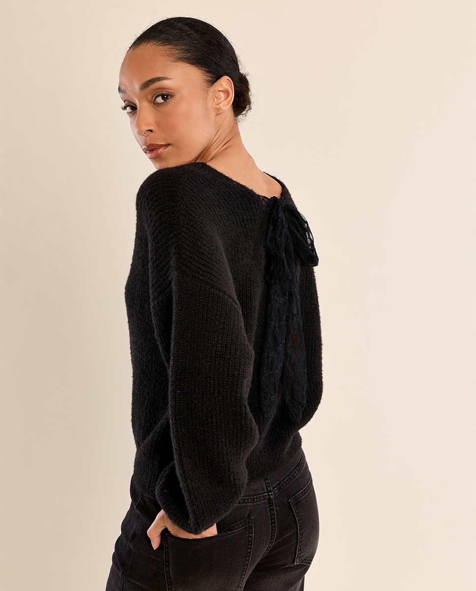 Jersey de mujer de manga larga detalle lazo - Molly Bracken - Negro Negro-3