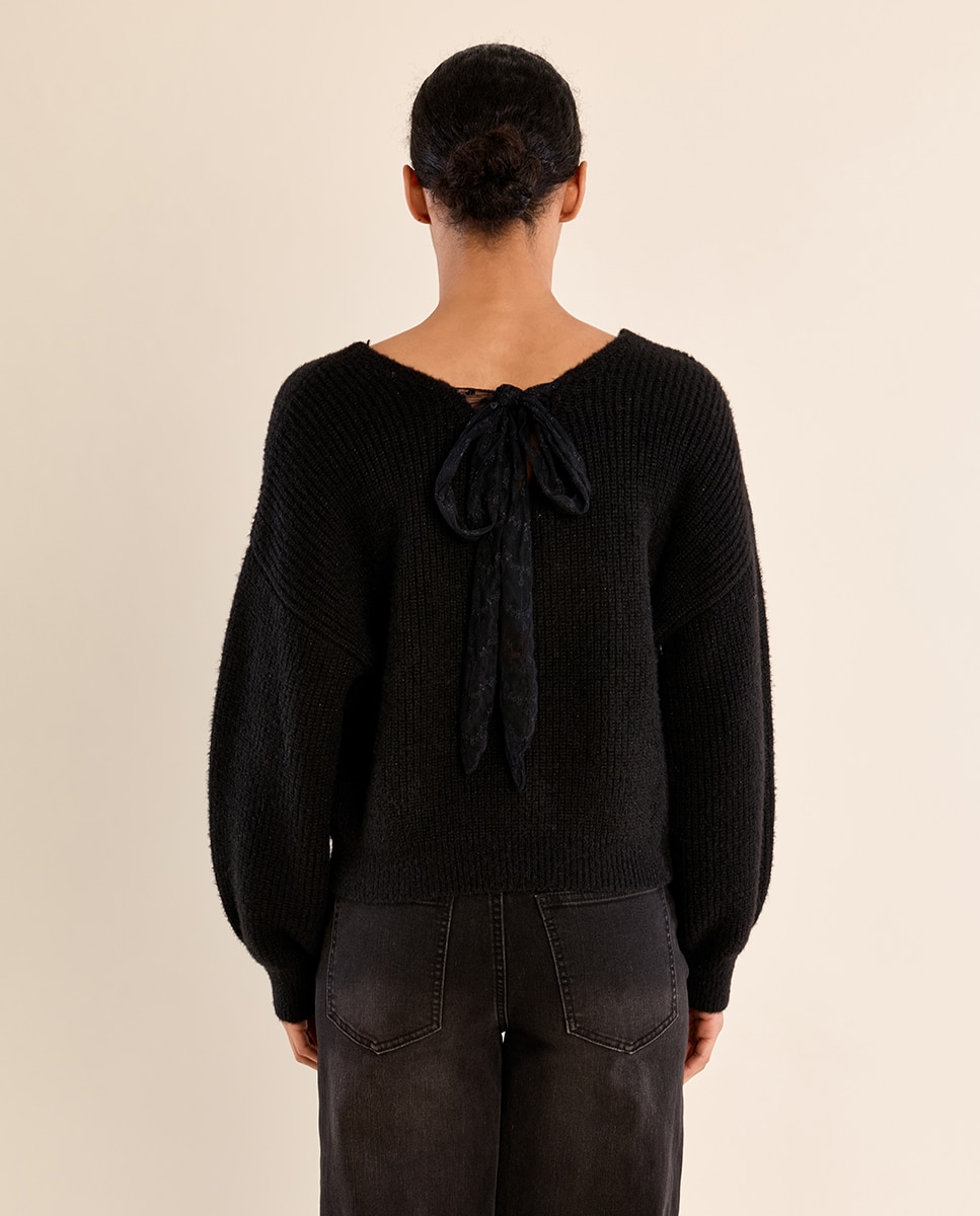 Jersey de mujer de manga larga detalle lazo - Molly Bracken - Negro Negro-4