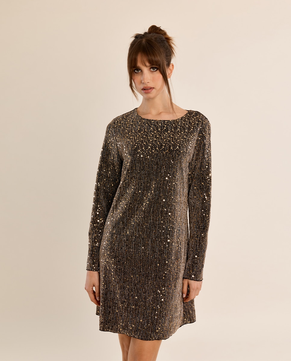 Vestido corto de manga larga con lentejuelas - Molly Bracken - Oro Oro-2