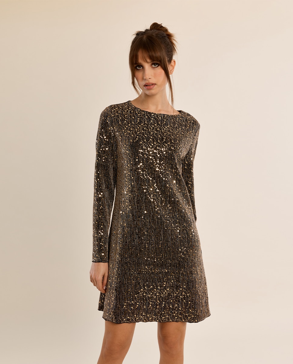 Vestido corto de manga larga con lentejuelas - Molly Bracken - Oro Oro-3
