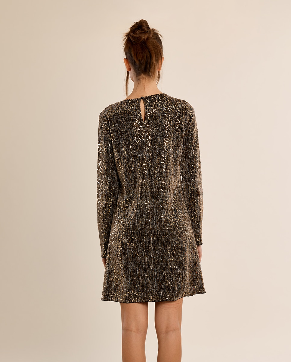 Vestido corto de manga larga con lentejuelas - Molly Bracken - Oro Oro-4