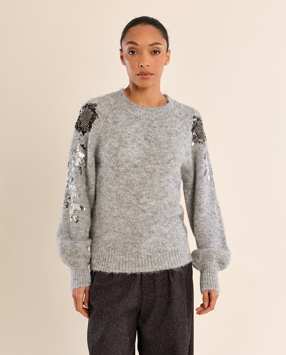 Jersey de mujer de manga larga detalle flores - Molly Bracken - Gris Gris-2