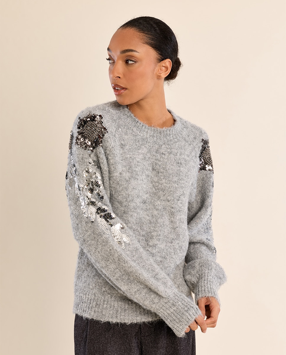 Jersey de mujer de manga larga detalle flores - Molly Bracken - Gris Gris-3