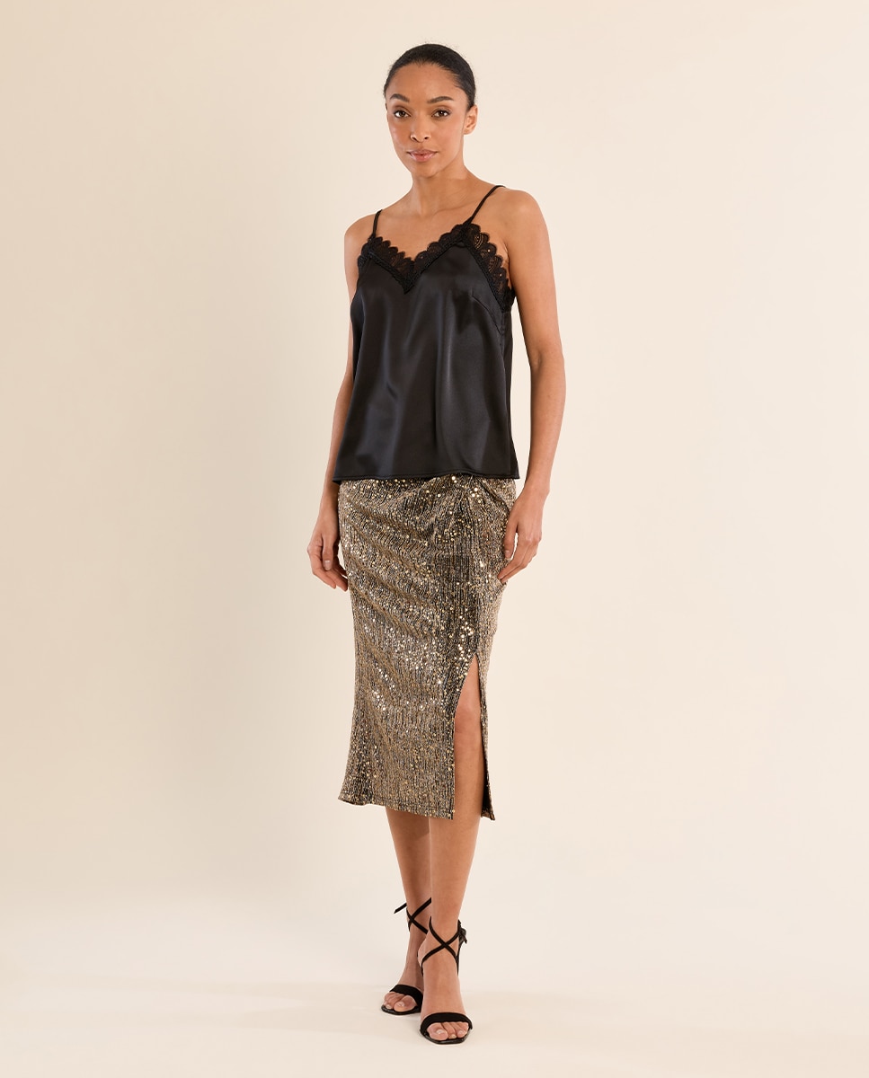Falda midi detalle lentejuelas - Molly Bracken - Oro Oro-1