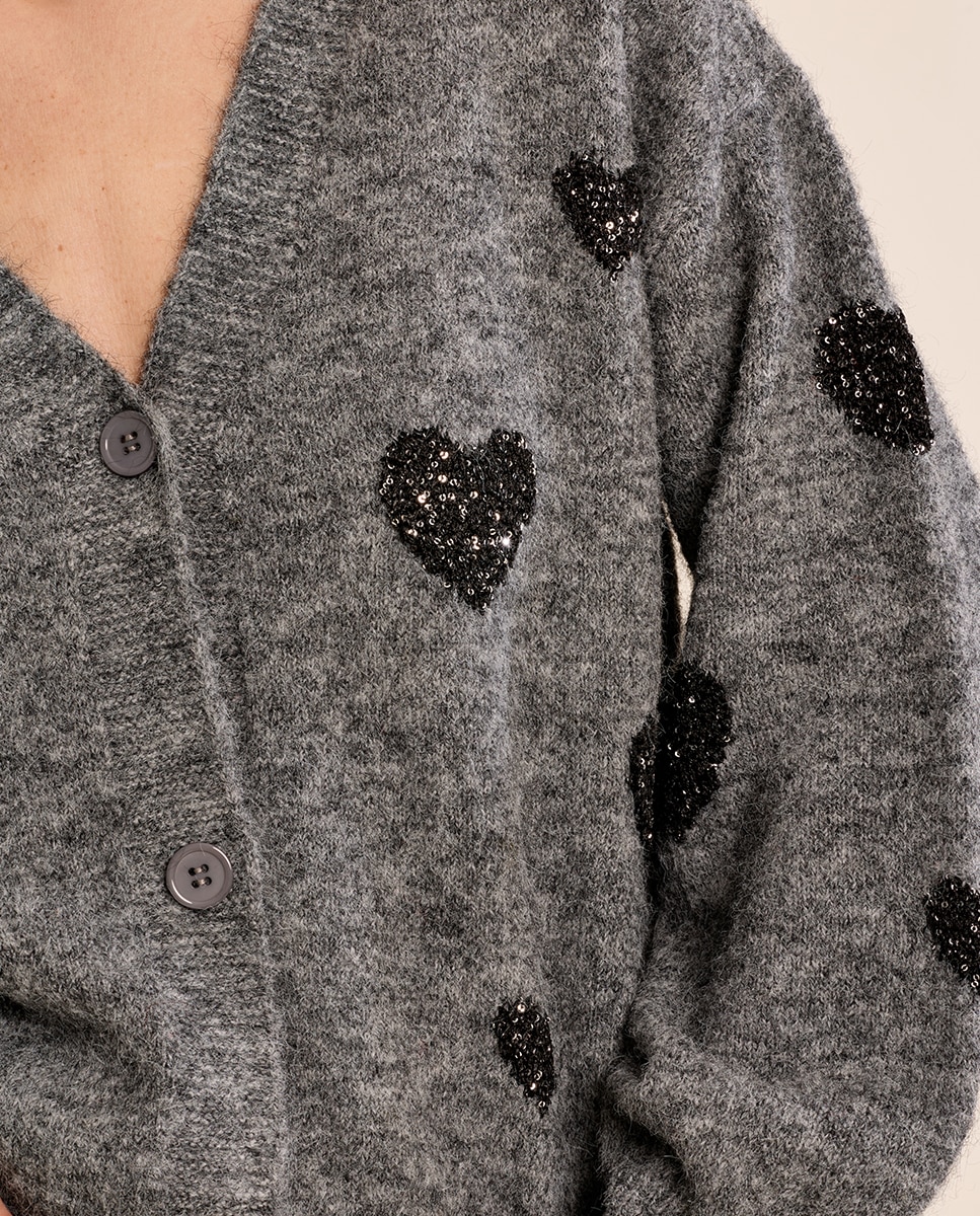 Cárdigan de mujer de manga larga detalle corazones - Molly Bracken - Gris Gris-5