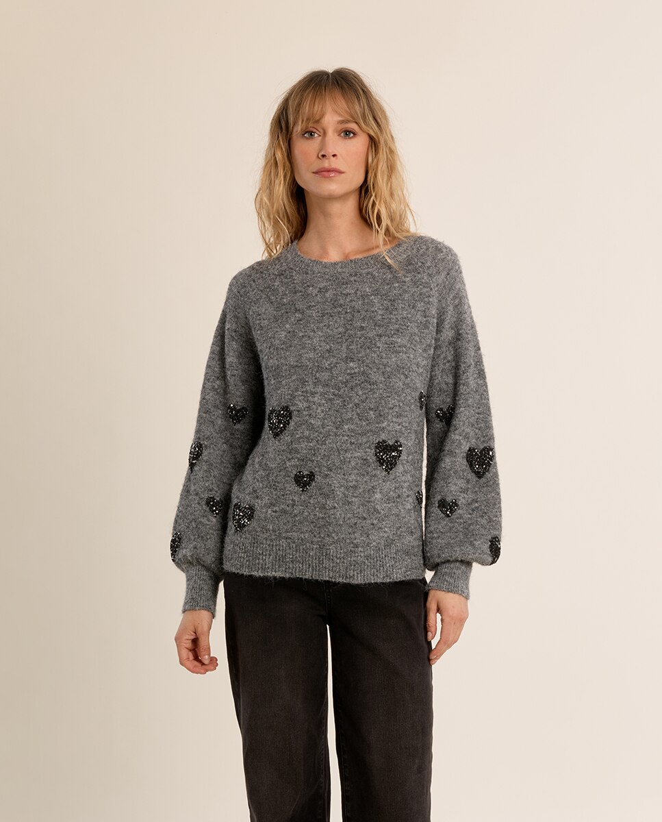 Jersey de mujer de manga larga detalle corazones - Molly Bracken - Gris Gris-2