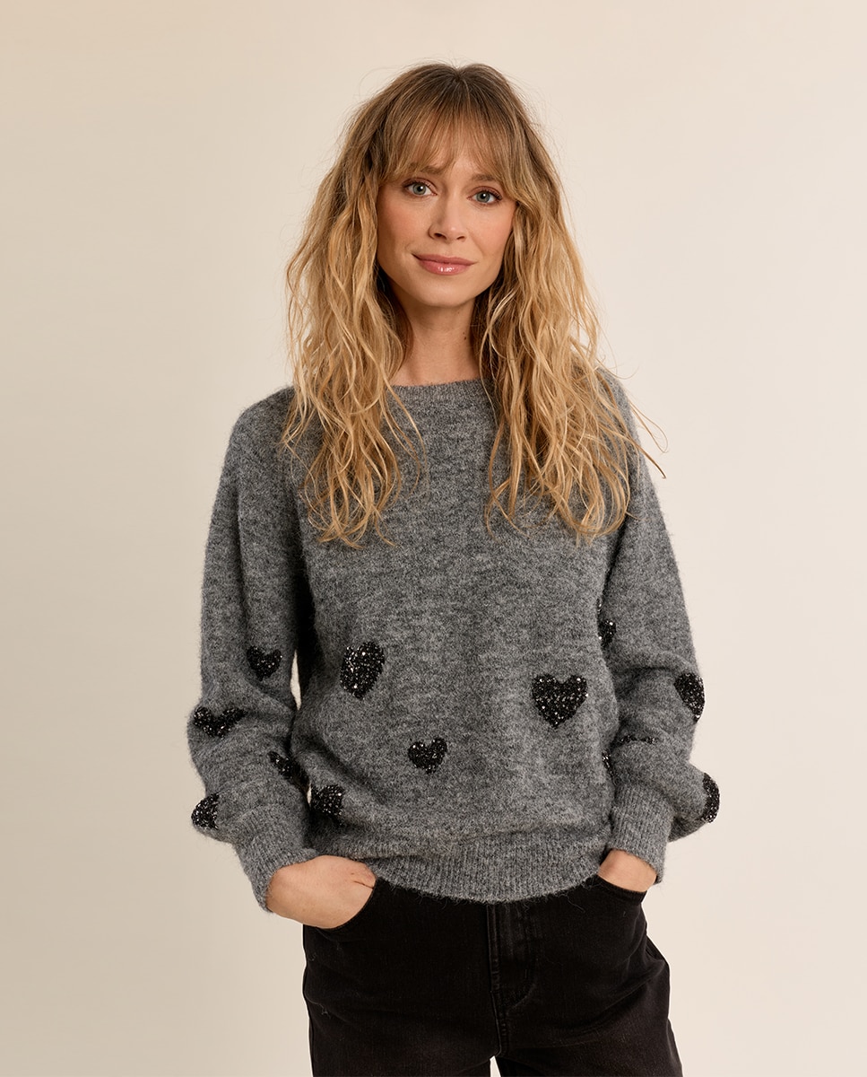 Jersey de mujer de manga larga detalle corazones - Molly Bracken - Gris Gris-3