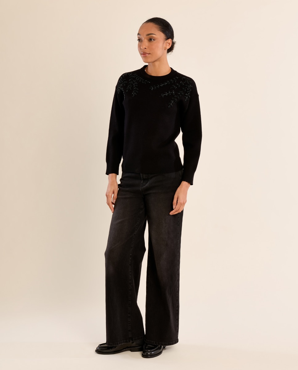 Jersey de mujer de manga larga detalle flores - Molly Bracken - Negro Negro-1