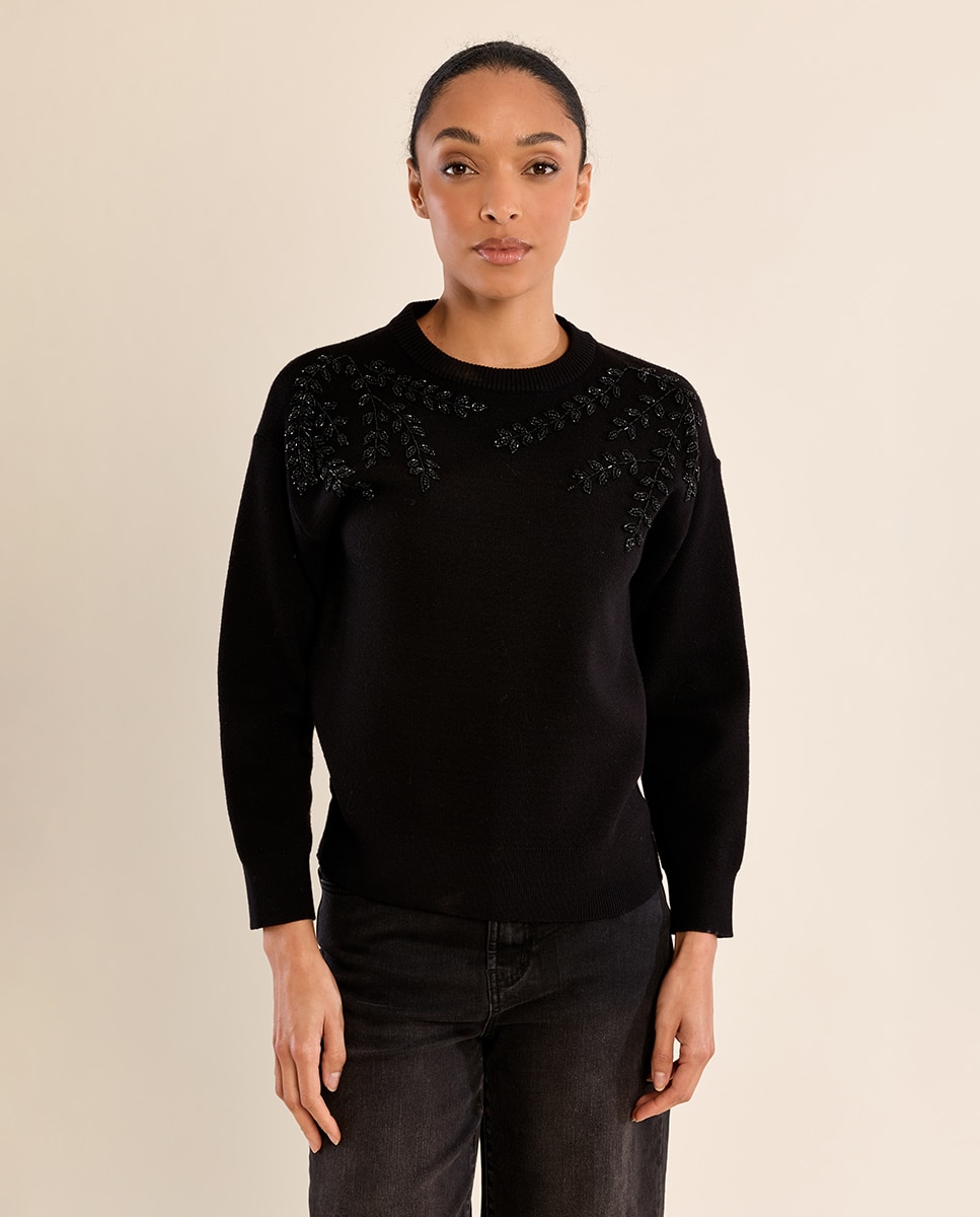 Jersey de mujer de manga larga detalle flores - Molly Bracken - Negro Negro-2