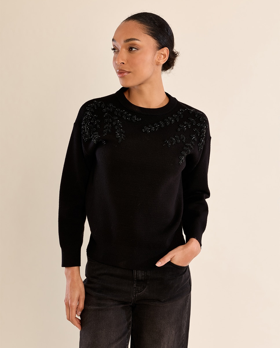 Jersey de mujer de manga larga detalle flores - Molly Bracken - Negro Negro-3