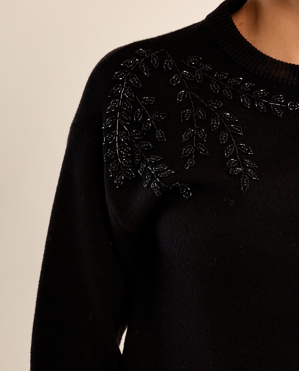 Jersey de mujer de manga larga detalle flores - Molly Bracken - Negro Negro-5