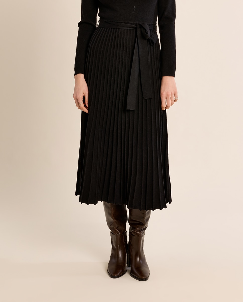 Vestido largo plisado con lazada - Molly Bracken - Negro Negro-2