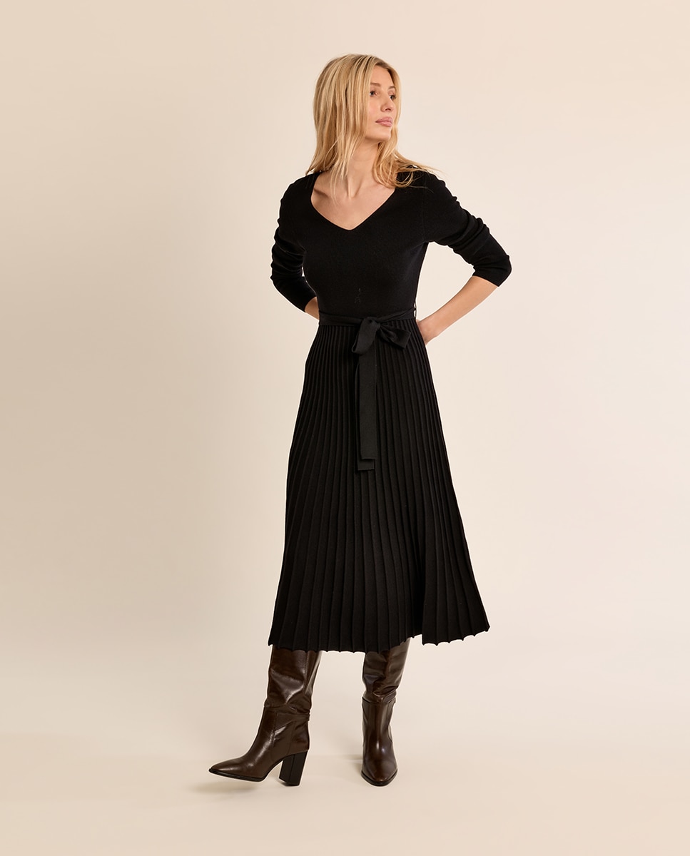 Vestido largo plisado con lazada - Molly Bracken - Negro Negro-3
