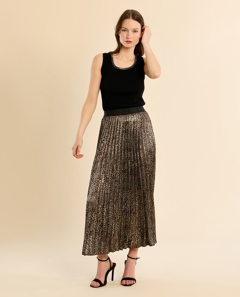 Falda larga plisada con estampado - Molly Bracken - Negro Negro-1