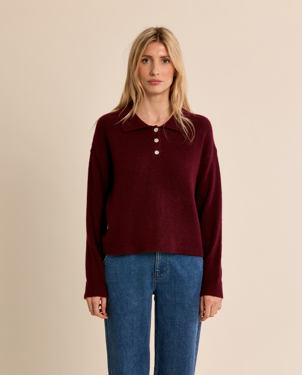 Jersey de mujer de manga larga y cuello solapa - Molly Bracken - Burdeos Burdeos-2
