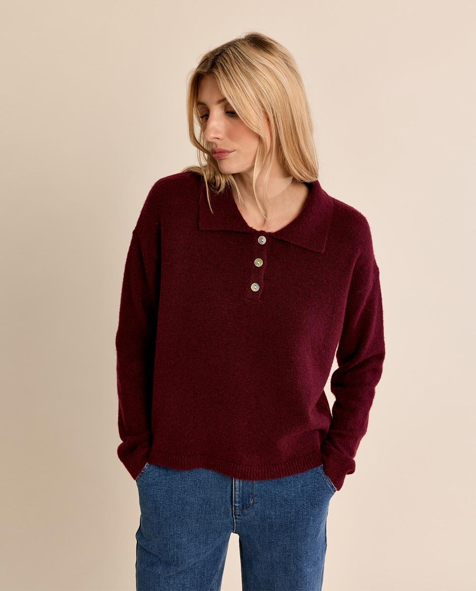 Jersey de mujer de manga larga y cuello solapa - Molly Bracken - Burdeos Burdeos-3