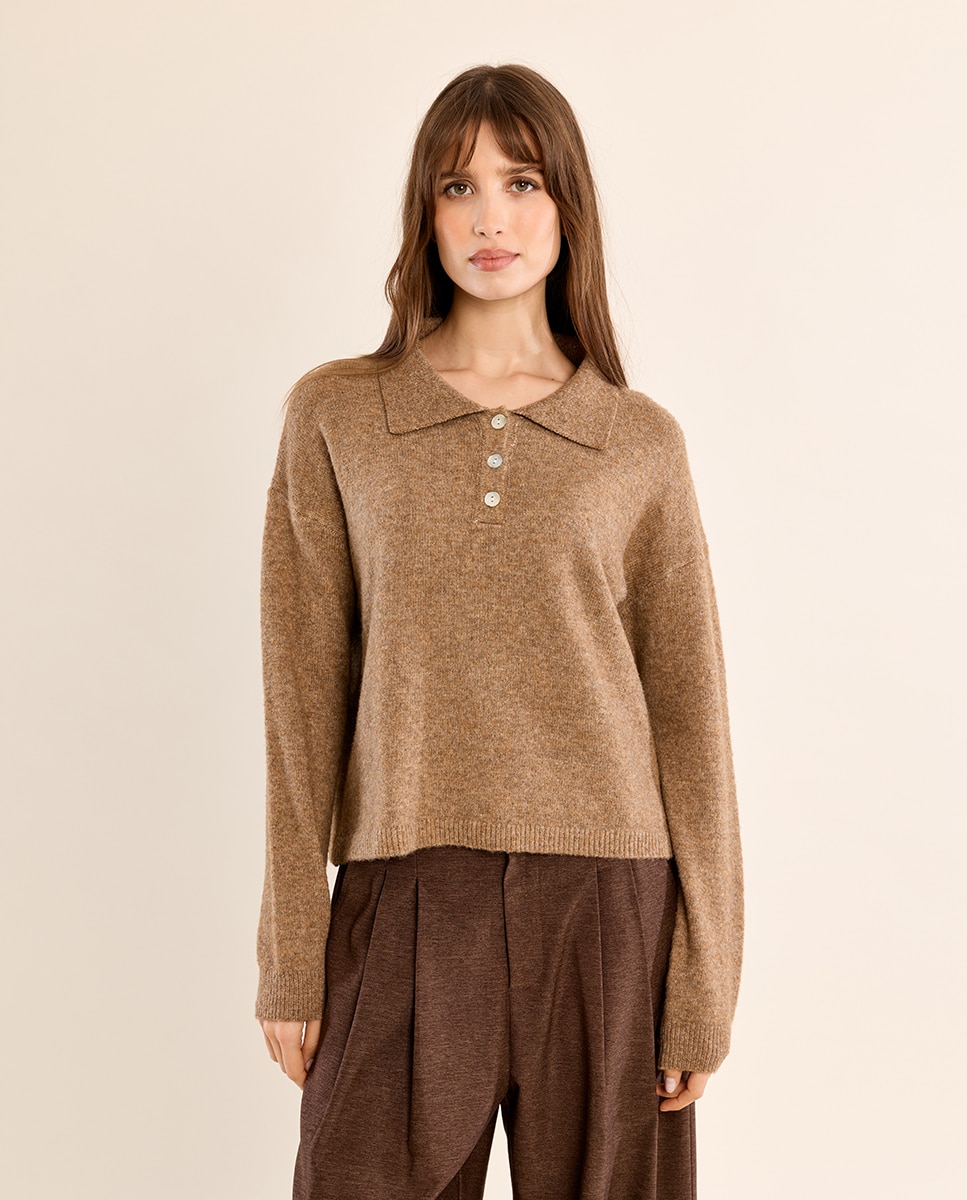 Jersey de mujer de manga larga y cuello solapa - Molly Bracken - Camel Camel-2