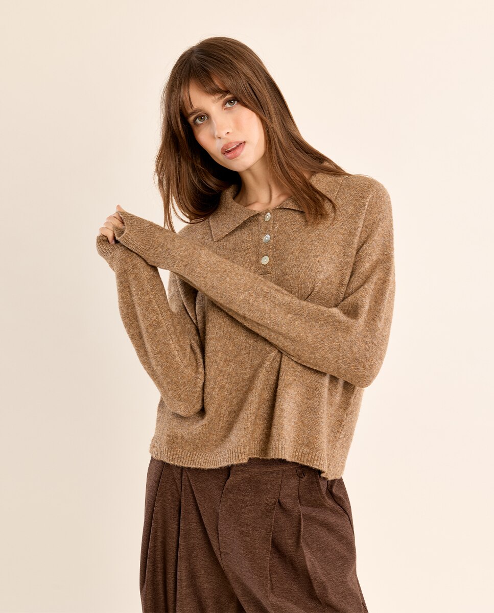 Jersey de mujer de manga larga y cuello solapa - Molly Bracken - Camel Camel-3