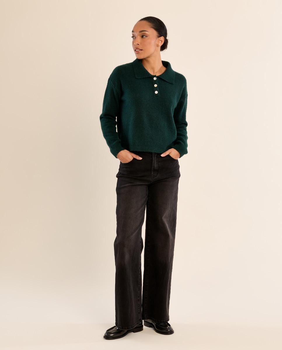 Jersey de mujer de manga larga y cuello solapa - Molly Bracken - Verde oscuro Verde oscuro-1