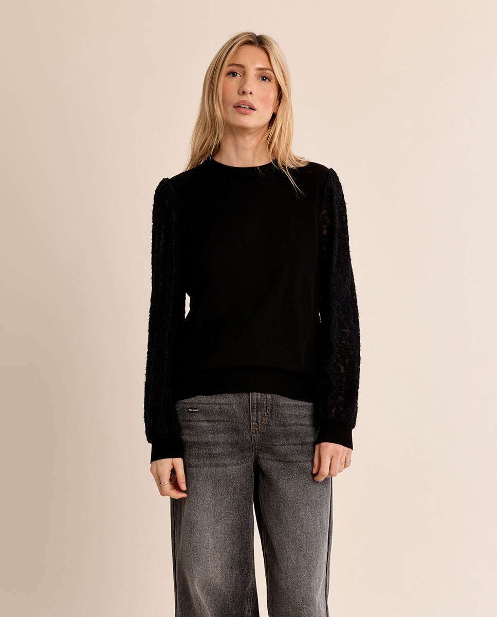 Jersey de mujer de manga larga detalle encaje - Molly Bracken - Negro Negro-2