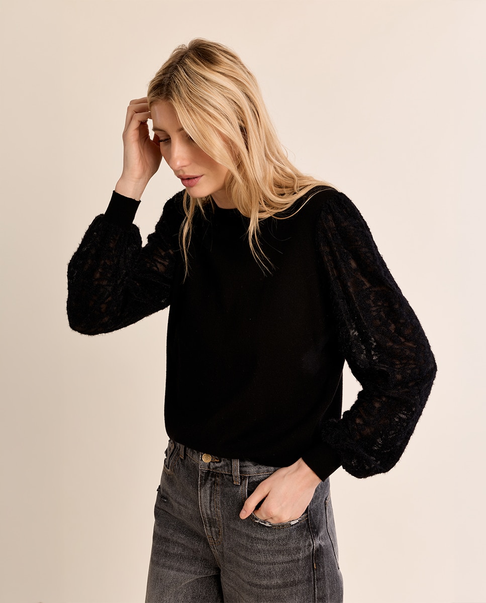 Jersey de mujer de manga larga detalle encaje - Molly Bracken - Negro Negro-3