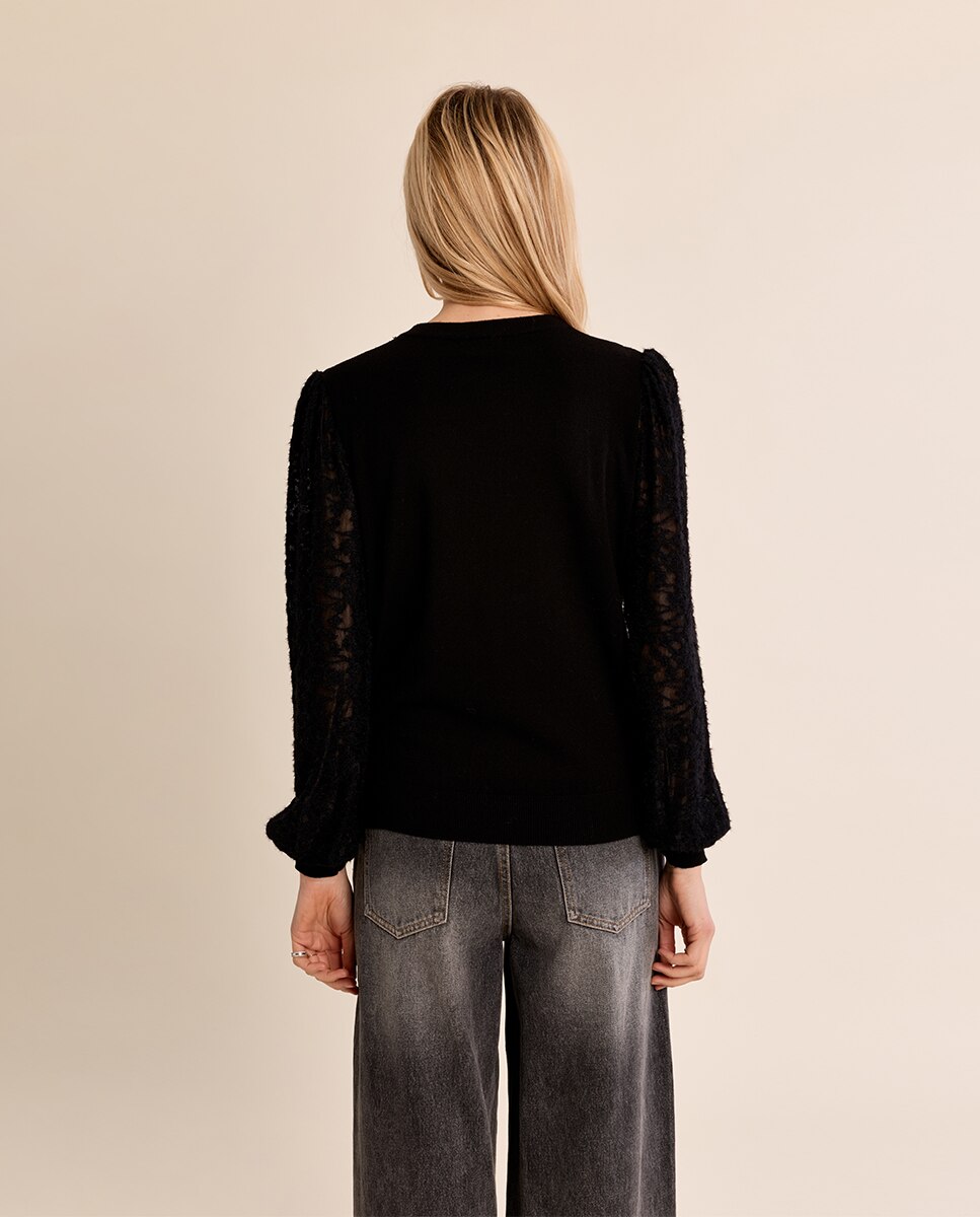 Jersey de mujer de manga larga detalle encaje - Molly Bracken - Negro Negro-4