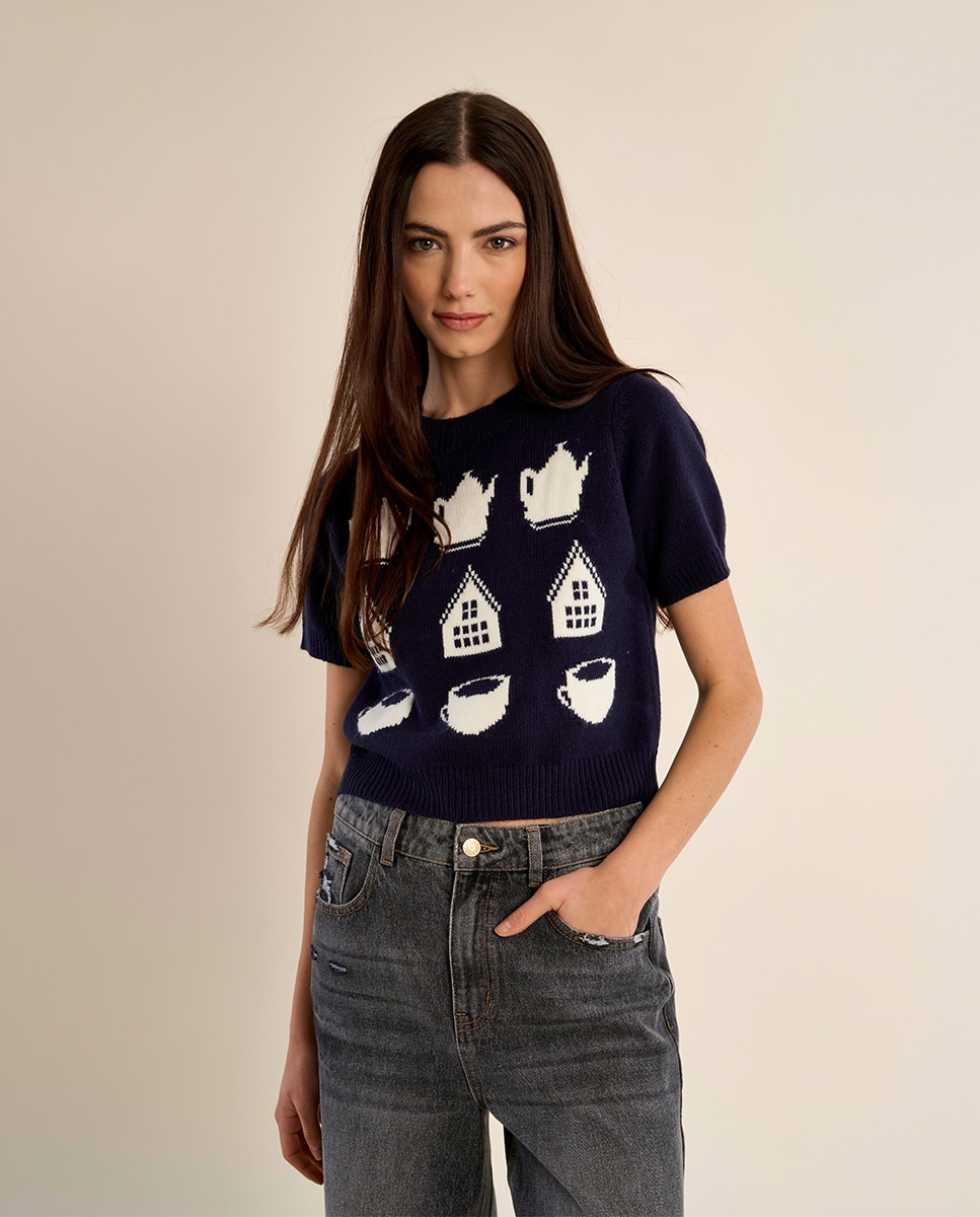 Jersey de mujer de manga corta con estampado - Molly Bracken - Azul marino Azul marino-3