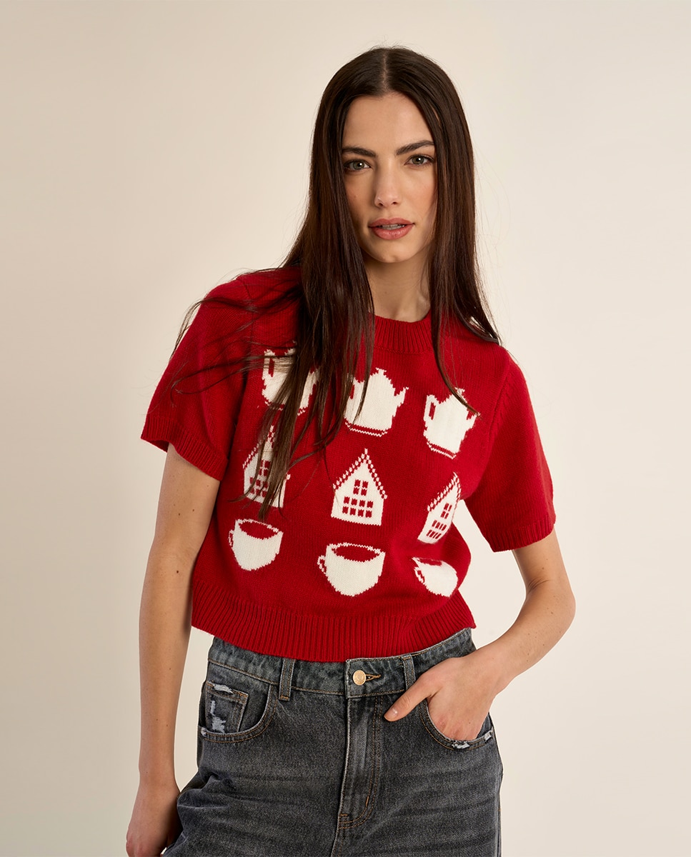 Jersey de mujer de manga corta con estampado - Molly Bracken - Rojo Rojo-3