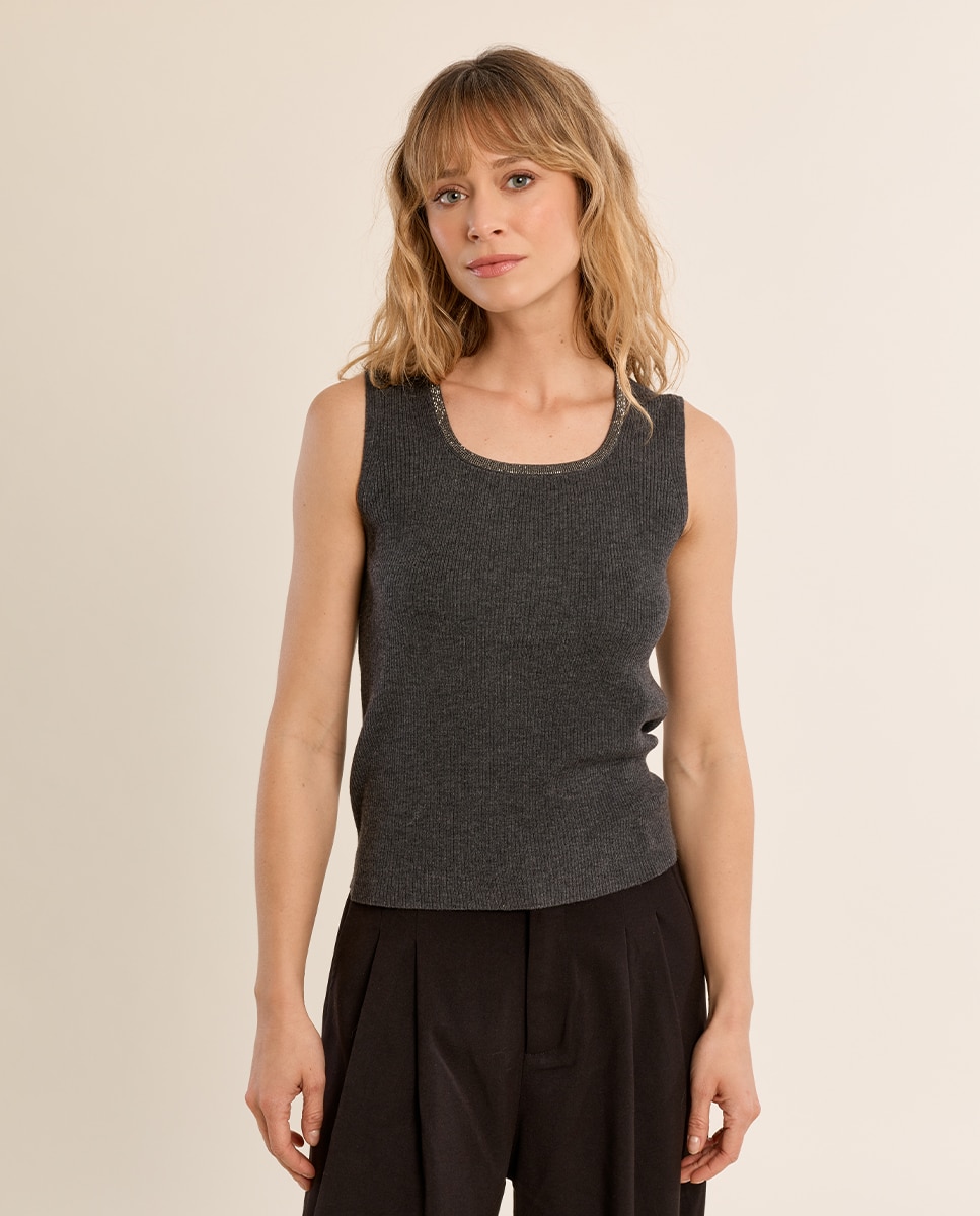 Top de mujer de manga sisa detalle ribete - Molly Bracken - Gris Gris-2