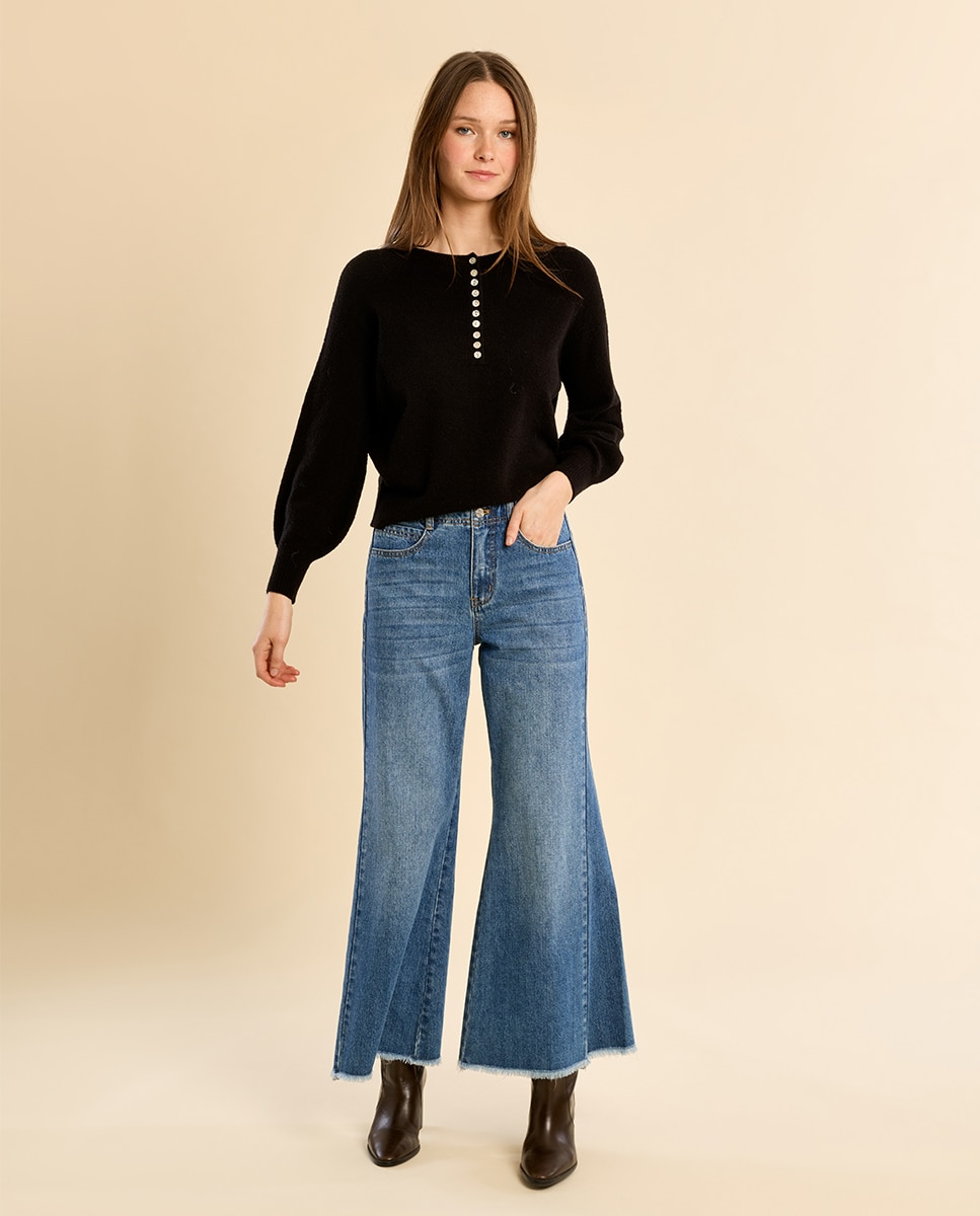 Jersey de mujer de manga larga detalle botones - Molly Bracken - Negro Negro-1